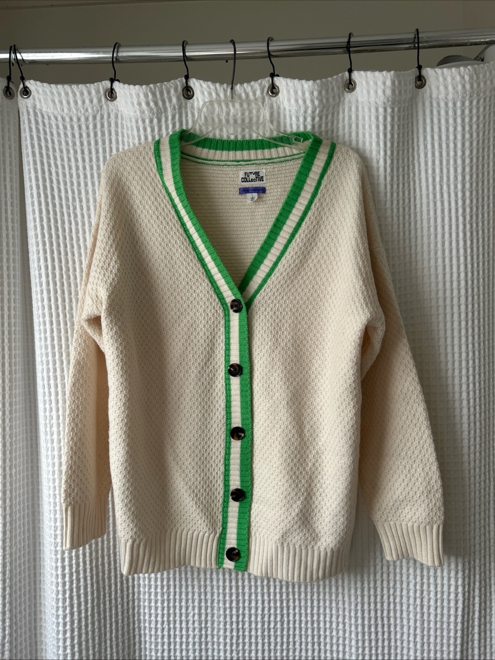 Cream Knit Cardigan with Green Stripe Trim